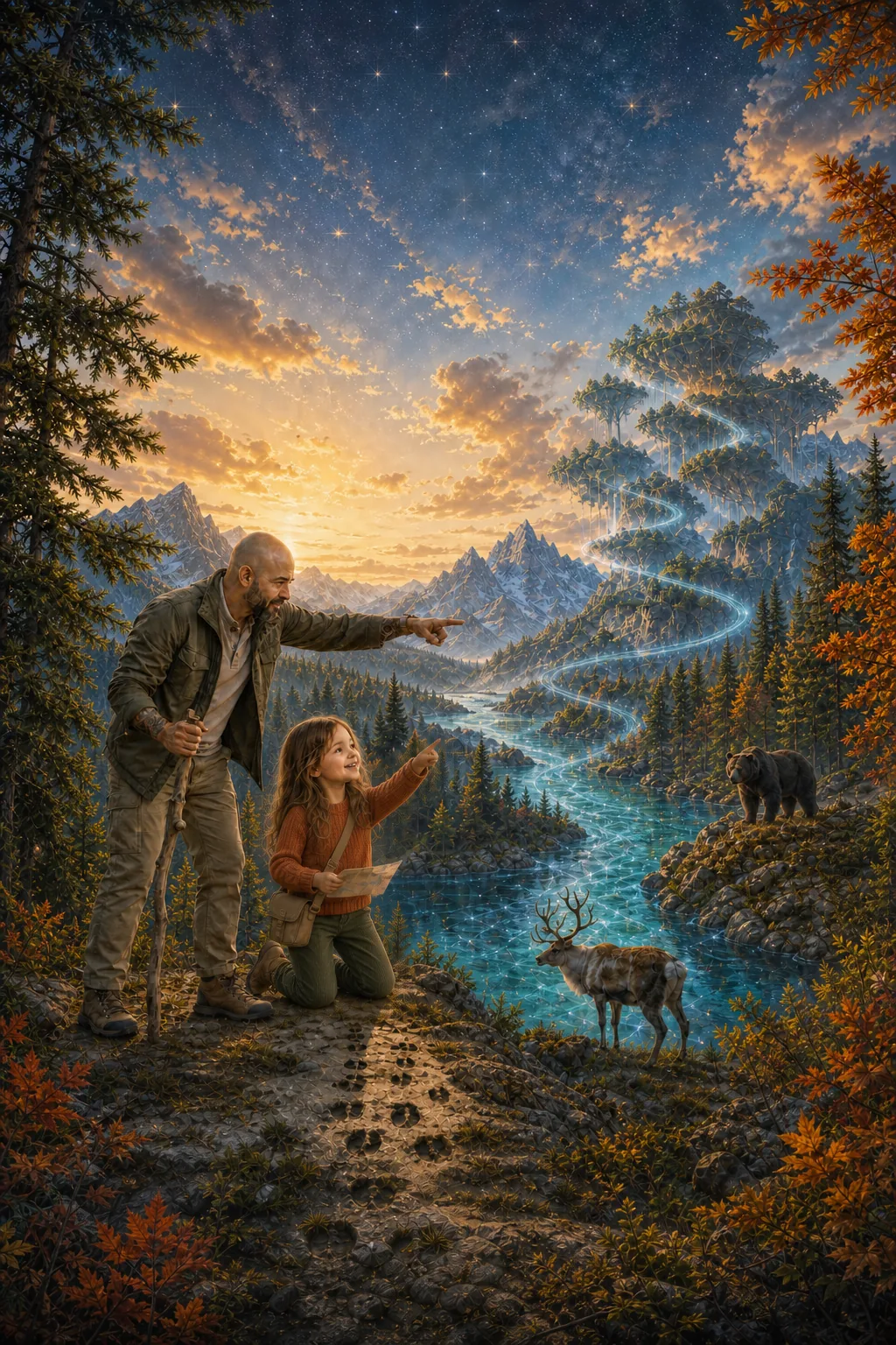 Characters explore a colourful imagined habitat with animals native to the continent. North America.