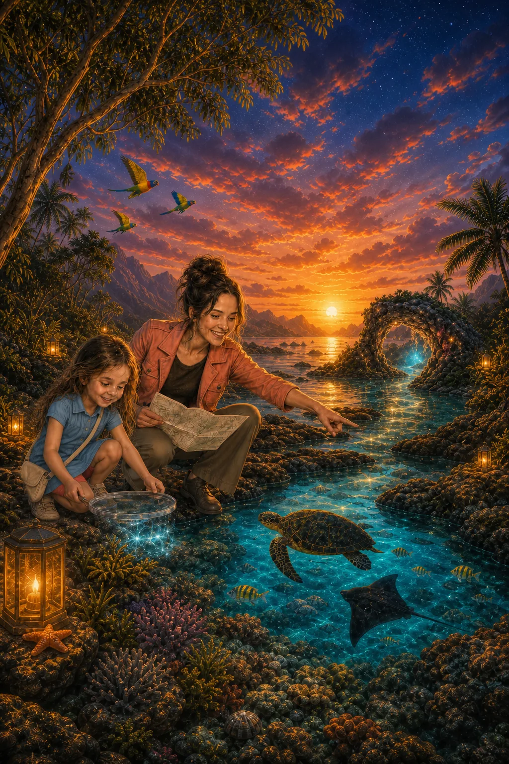Characters explore a colourful imagined habitat with animals native to the continent. Oceania.