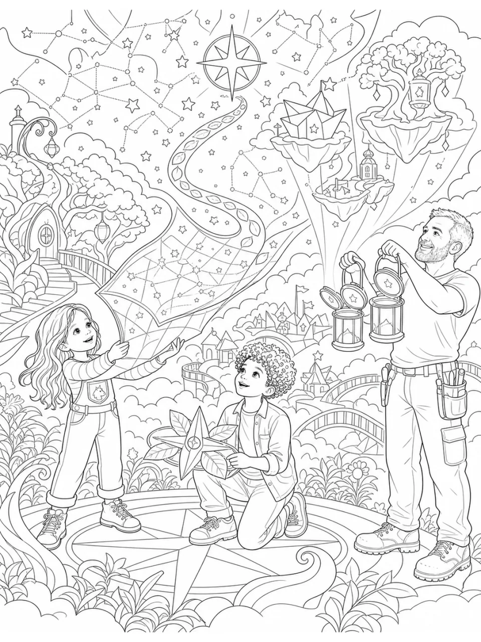 A detailed colouring page where a glowing star map connects the magical worlds of Halloween.