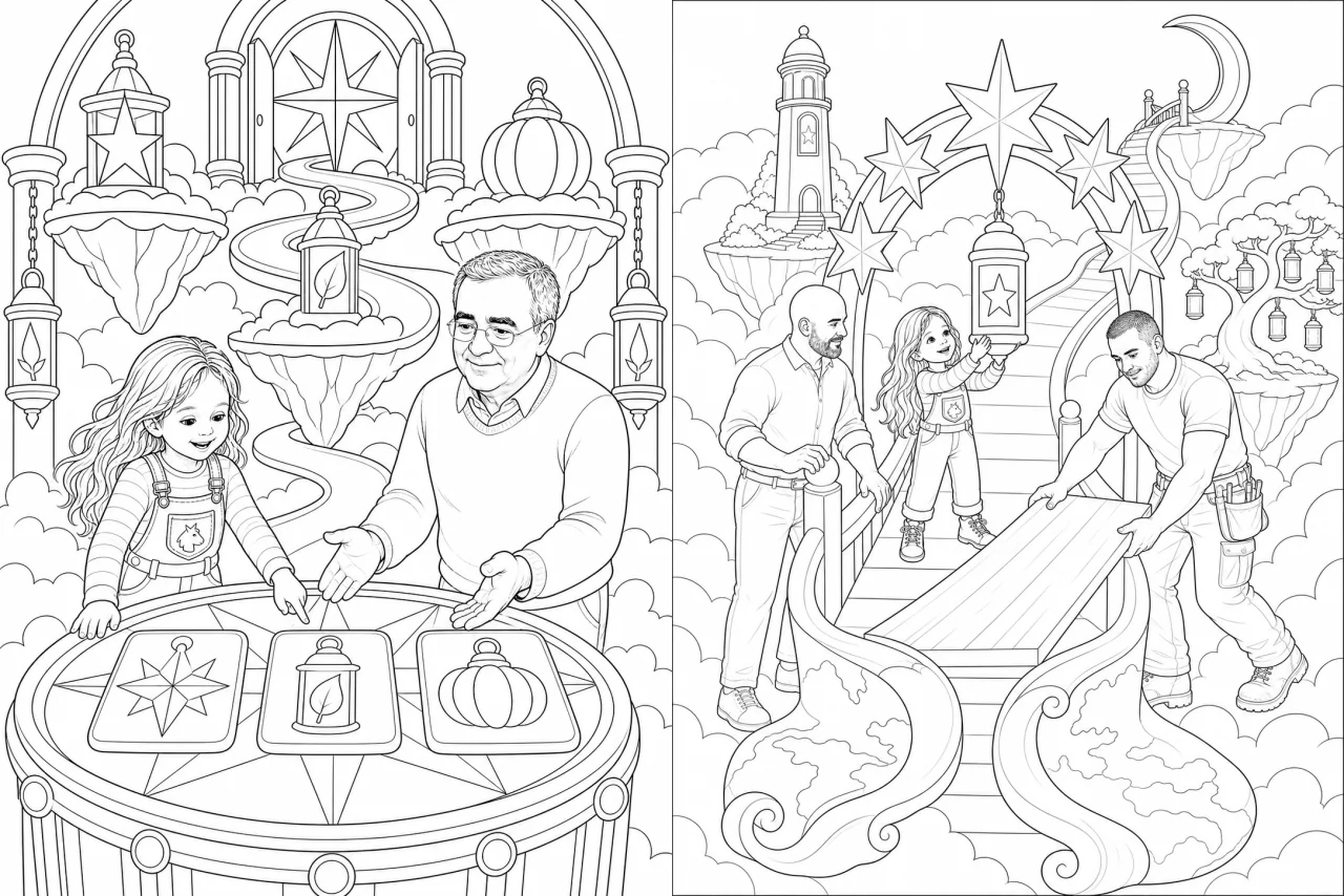 Two detailed colouring pages from Amelia's Magical Halloween, featuring a clue table and a great lantern bridge.
