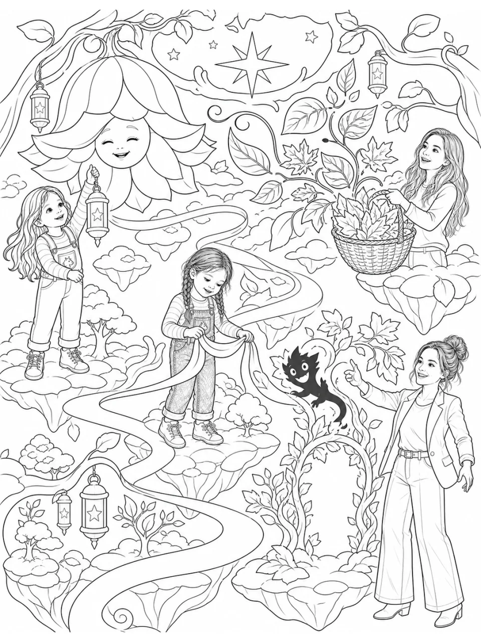 A detailed colouring page set in a floating living garden filled with lanterns, leaves and friendly creatures.