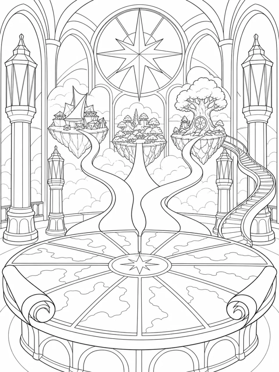 A detailed colouring page where Amelia explores a magical map room filled with living paths and lanterns.