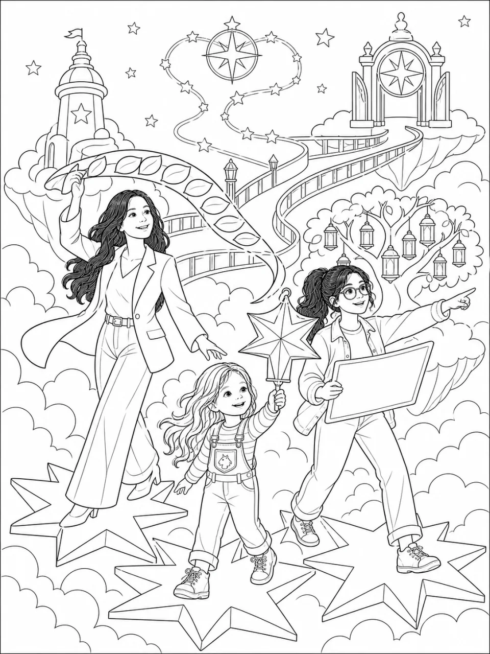 A detailed colouring page where Amelia and her friends rehearse a parade along a winding path of stars.