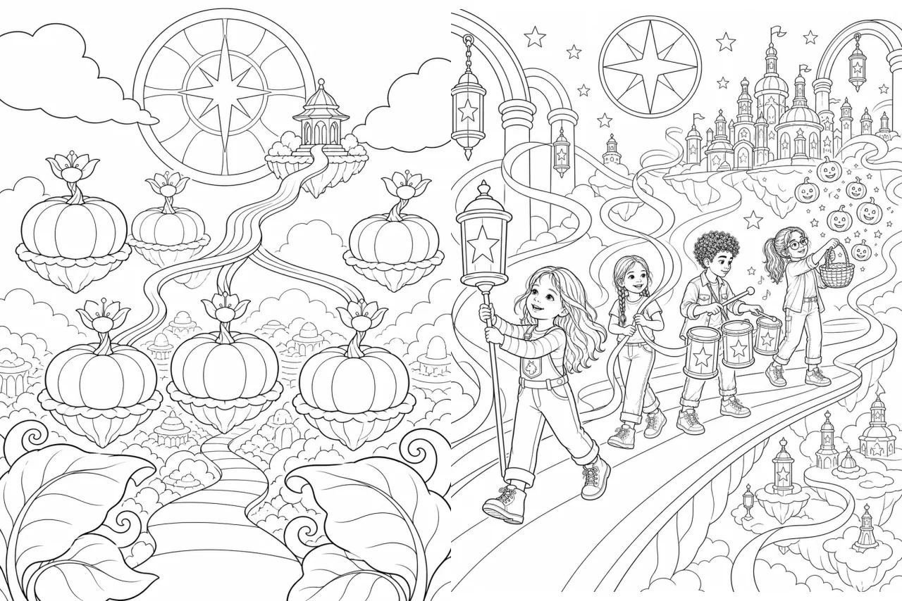 Two detailed colouring pages from Amelia's Magical Halloween, featuring a pumpkin lantern garden and the Northlight Parade.