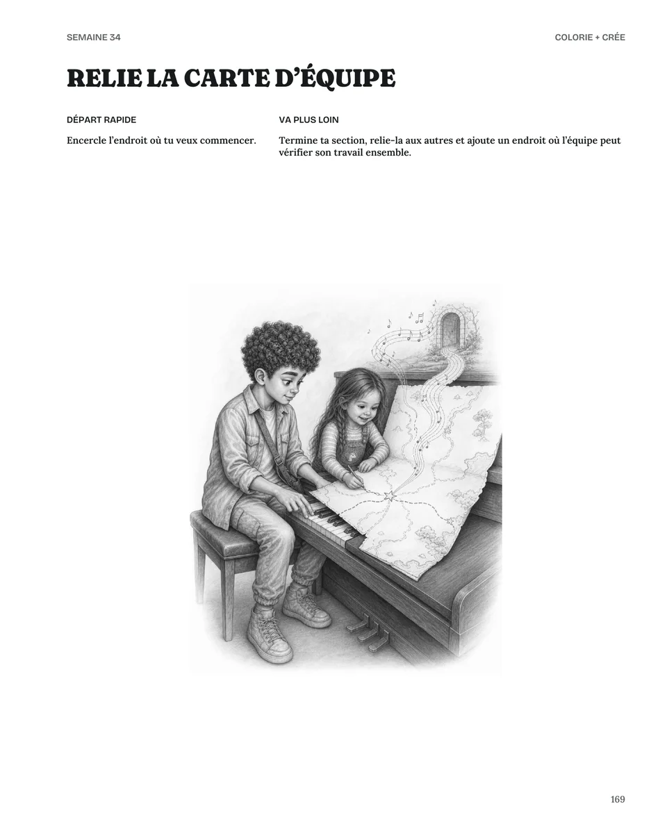 Page intérieure de Mon point de départ montrant Amelia et un ami qui relient une carte posée sur un piano.