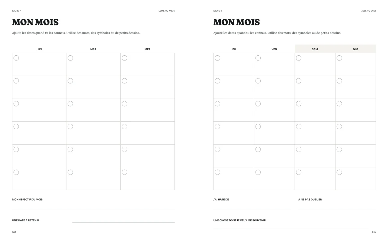 Double page mensuelle de Mon point de départ avec de l’espace pour les dates, un objectif et les notes importantes.