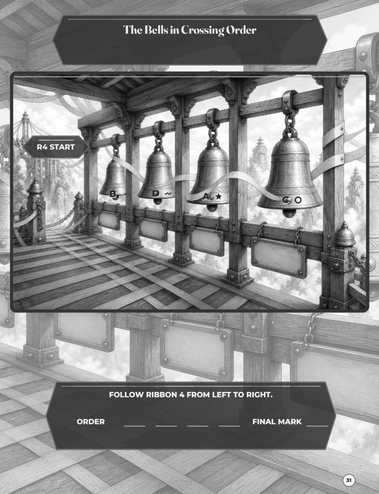An English puzzle page set at the Ribbon Bridge, with a route to inspect and complete.