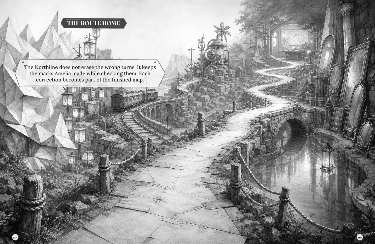 The final English interior spread where the restored route leads home through the Compass Vault.