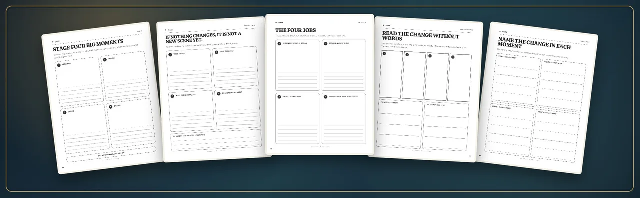 Five guided pages from The Four-Scene Story Studio for deciding what happens in four story scenes.