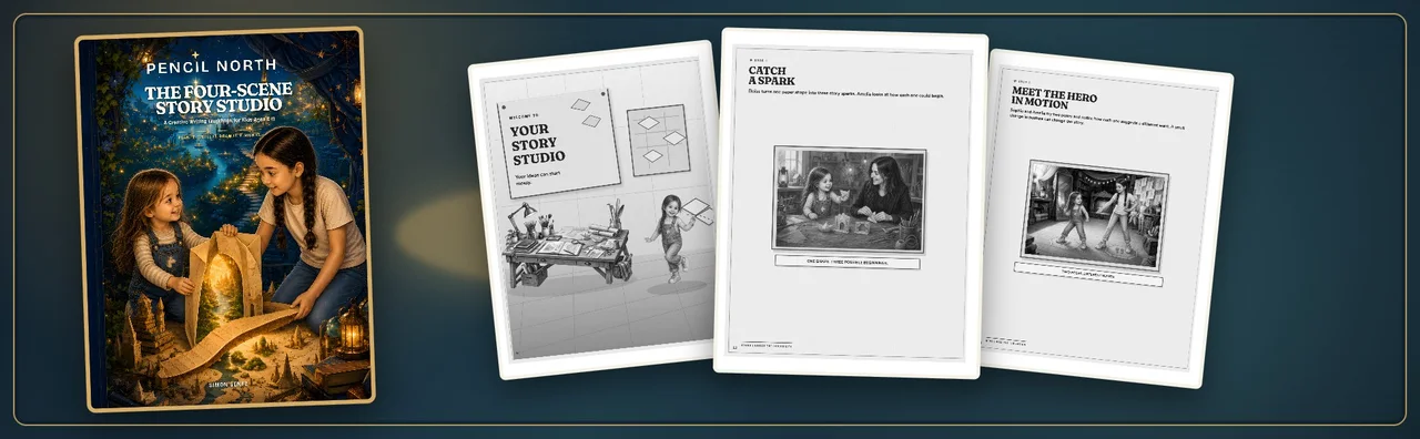 The Four-Scene Story Studio cover beside the first guided pages for choosing a starting idea.