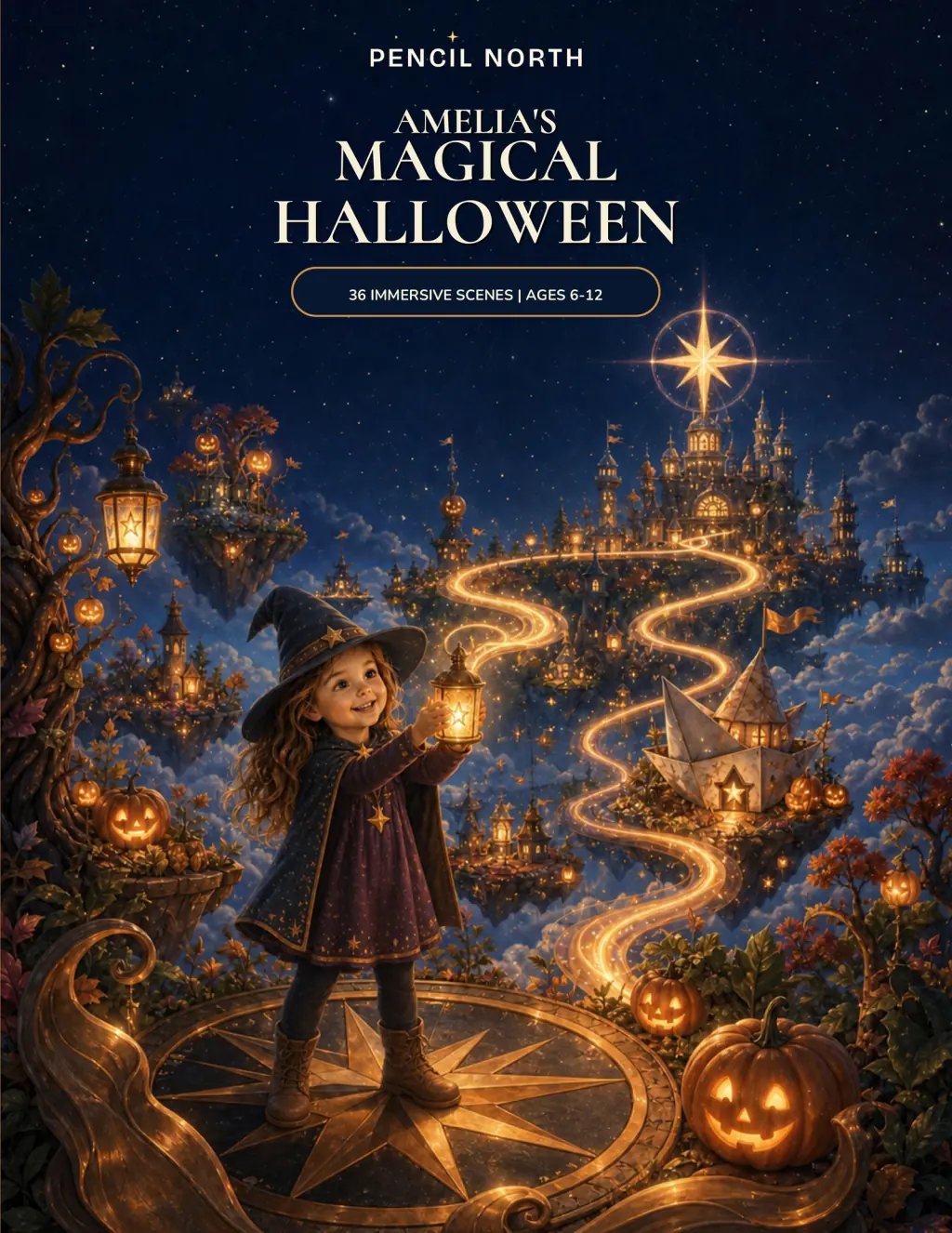 Cover of Amelia's Magical Halloween, a detailed colouring adventure through a joyful enchanted Halloween world.