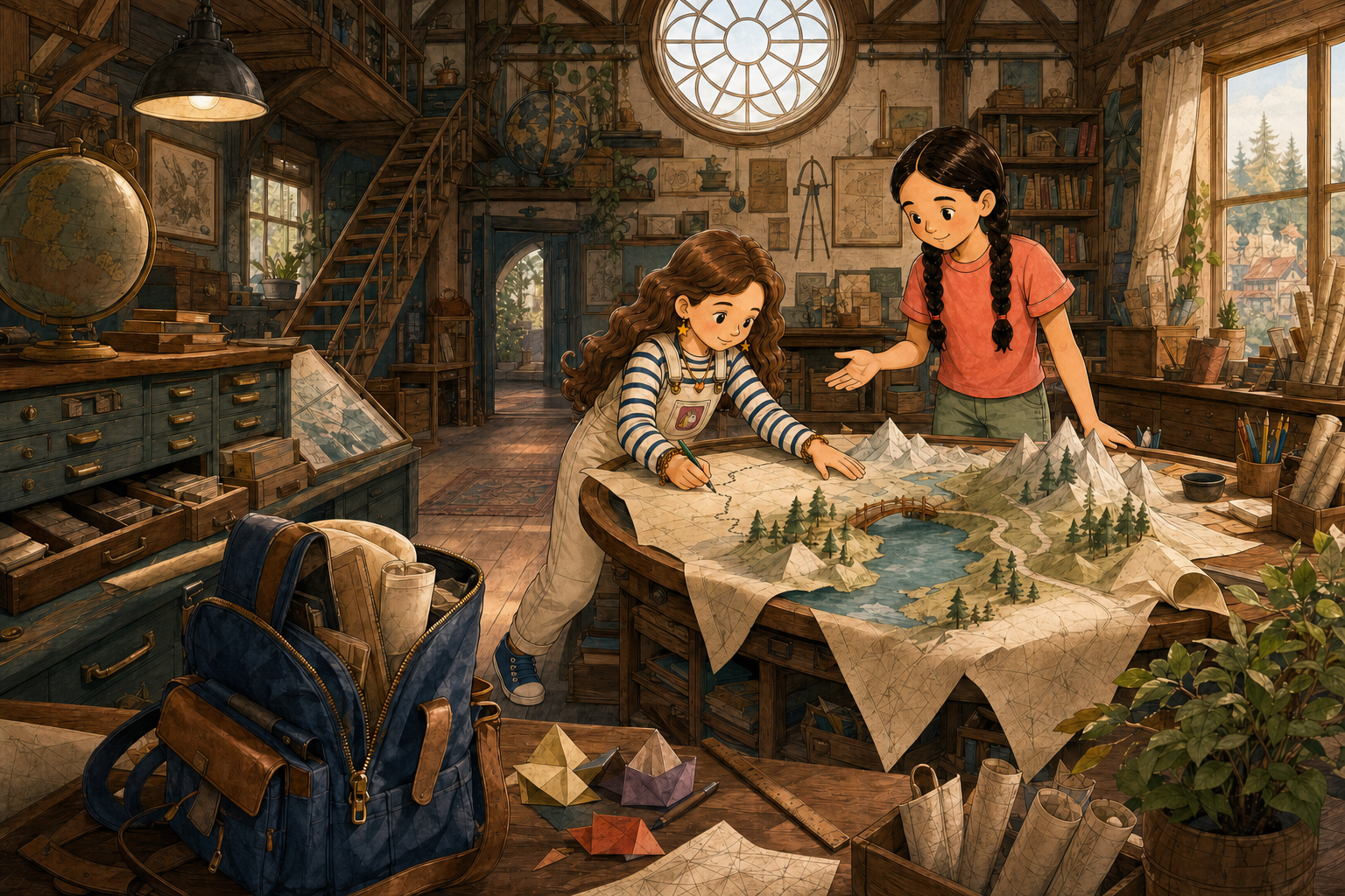 Amelia draws a route across an unfinished paper landscape while another child compares two folded paper paths.
