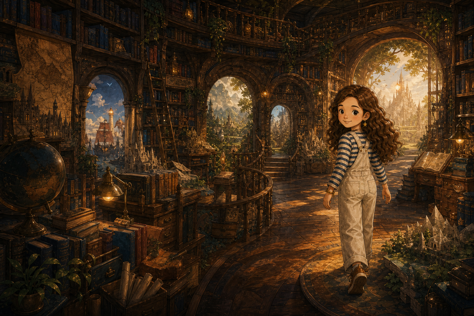 Amelia walks through a grand PENCIL NORTH library where archways open onto different paper worlds.