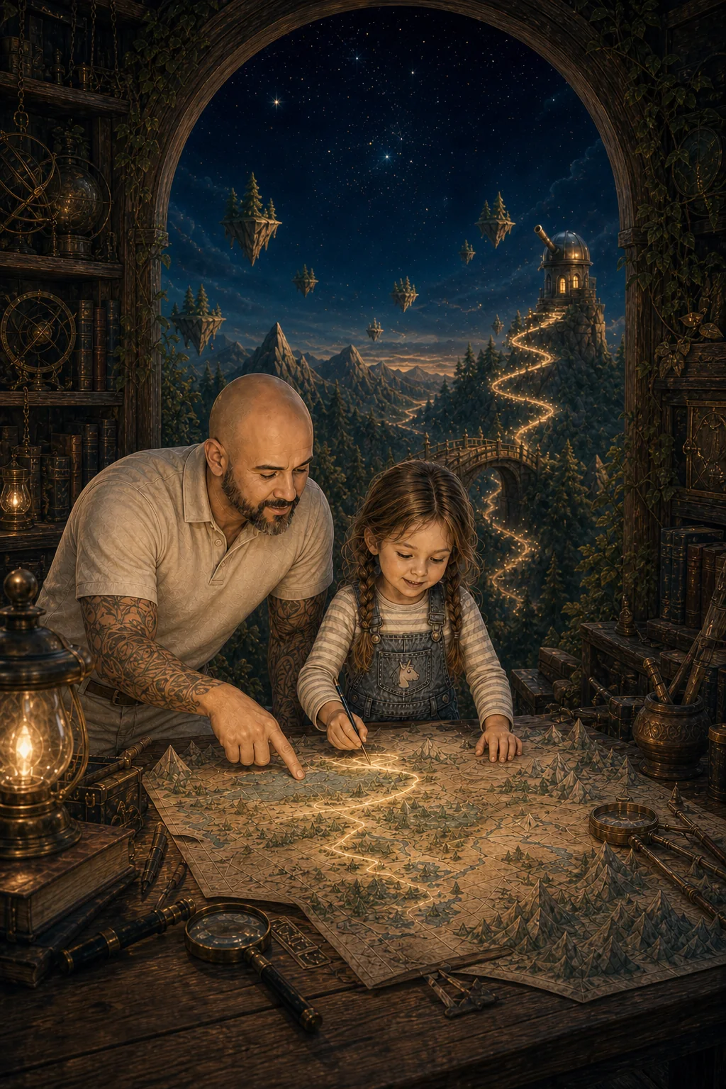 A child and an adult follow a luminous paper route toward a distant observatory.