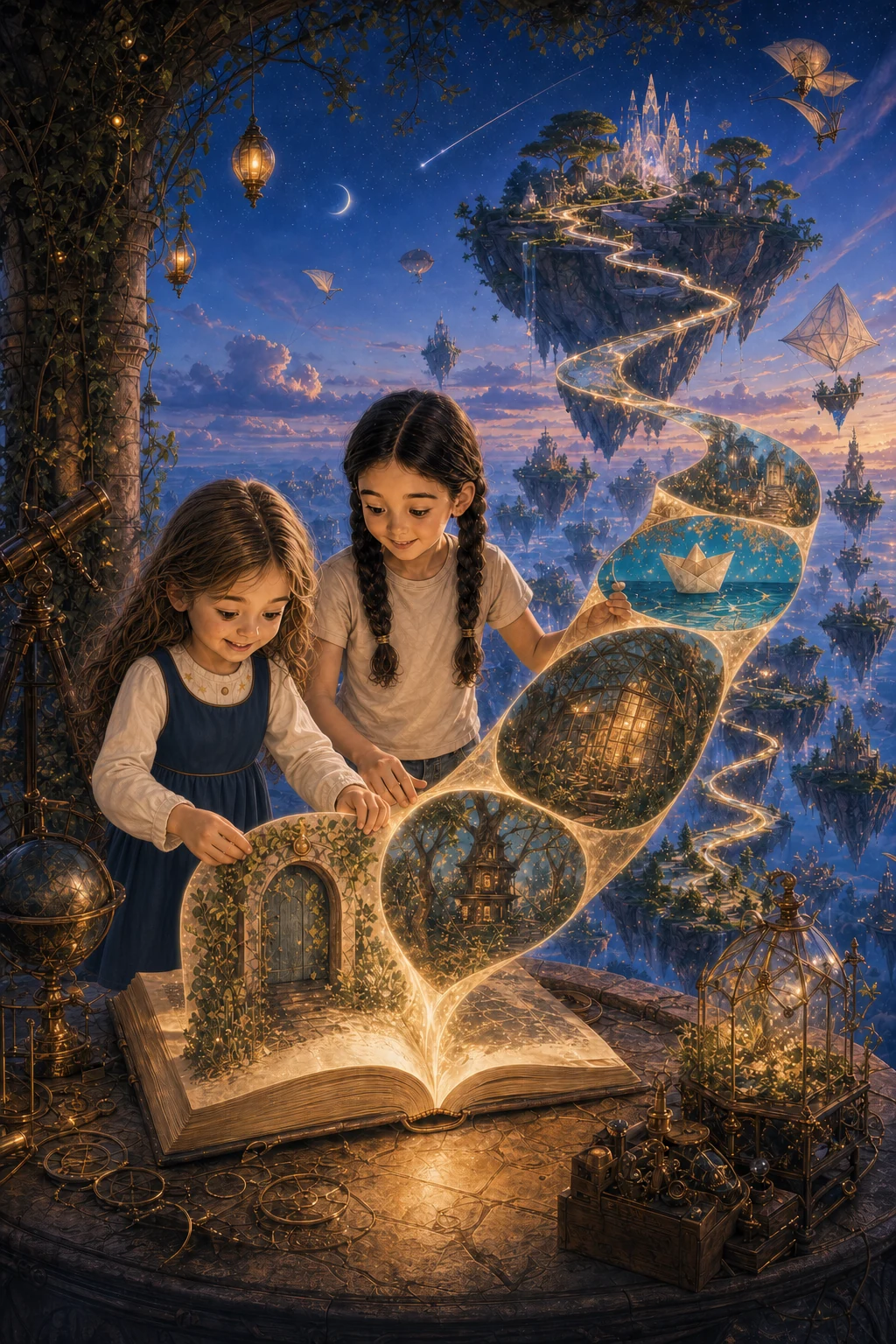 Two children open an illustrated book to reveal a vast archipelago of floating islands and luminous paths.